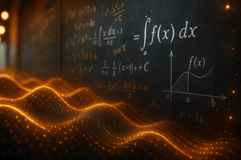 Formules et graphe d’intégrale sur tableau, avec vagues lumineuses représentant une fonction continue.