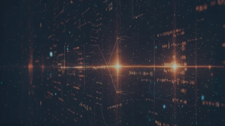 Représentation abstraite de données et équations flottantes dans l'espace, éclairées par une lueur centrale.