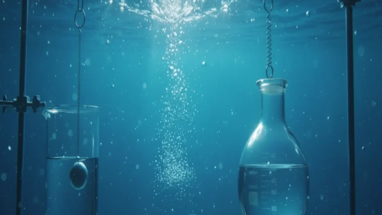 Flacons suspendus sous l'eau avec bulles ascendantes illustrant une expérience de poussée d'Archimède.
