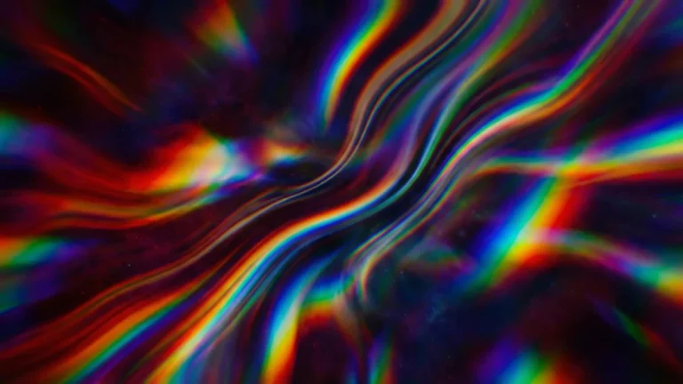 Ondes colorées déformées formant un motif spectral vibrant sur fond sombre.