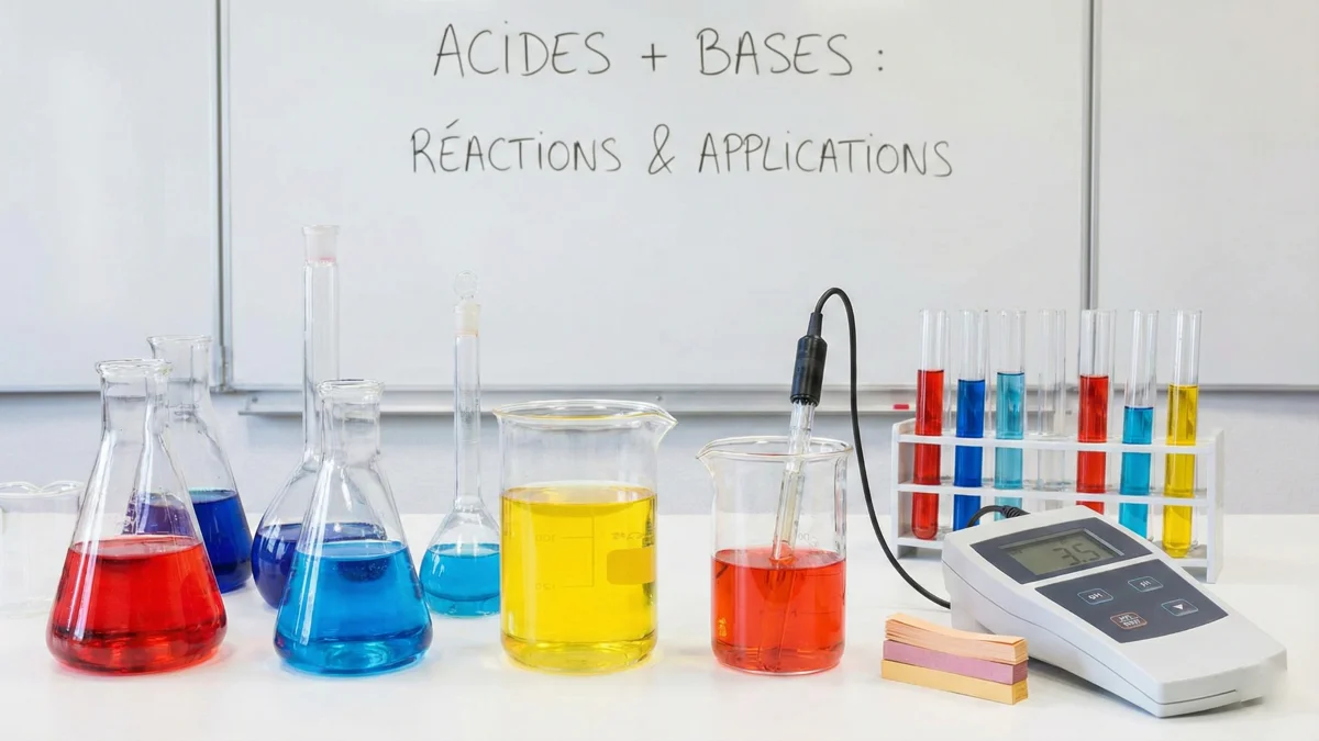 Verrerie de laboratoire remplie de solutions colorées avec pH-mètre devant un tableau mentionnant réactions acide-base.
