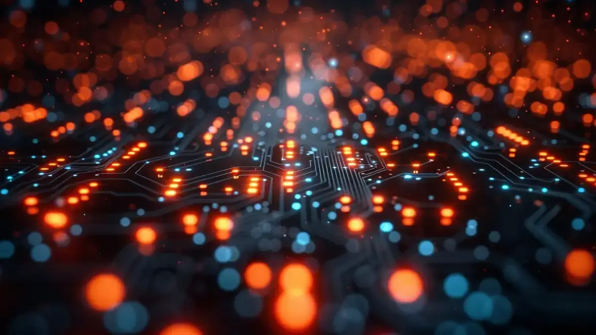 Illustration technologique abstraite avec un circuit et des lumières de données.