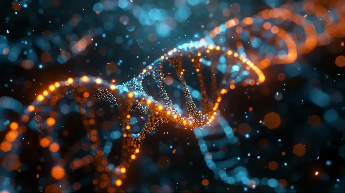 Représentation 3D d'une double hélice d'ADN lumineuse en bleu et orange, illustrant la génétique et la biotechnologie
