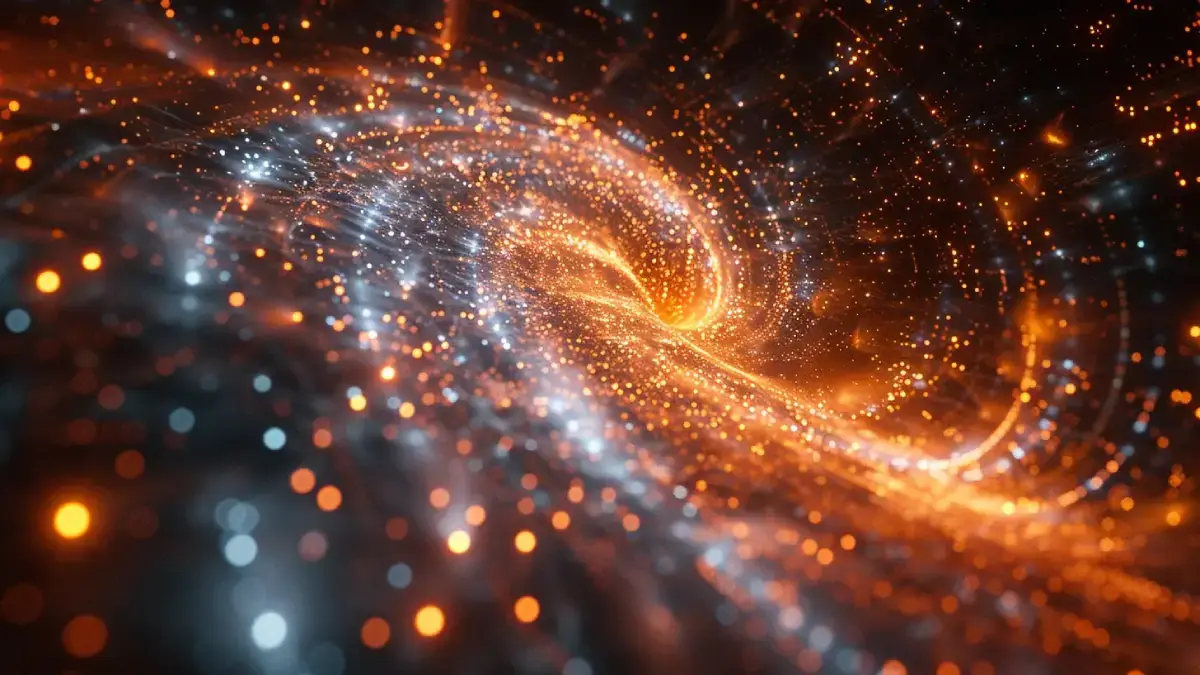 Illustration abstraite du 'calcul vectoriel', montrant un champ de particules orange et bleues en mouvement, formant un vortex ou un flux.