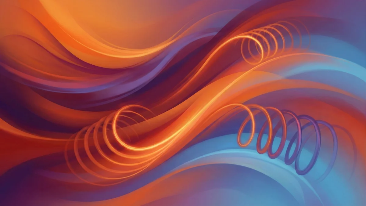 Tourbillons abstraits orange et bleu formant des spirales énergétiques sur un fond fluide.