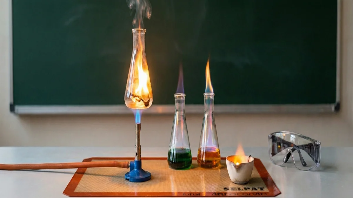 Flammes et fioles colorées lors d’une expérience de combustion sur une paillasse de laboratoire.
