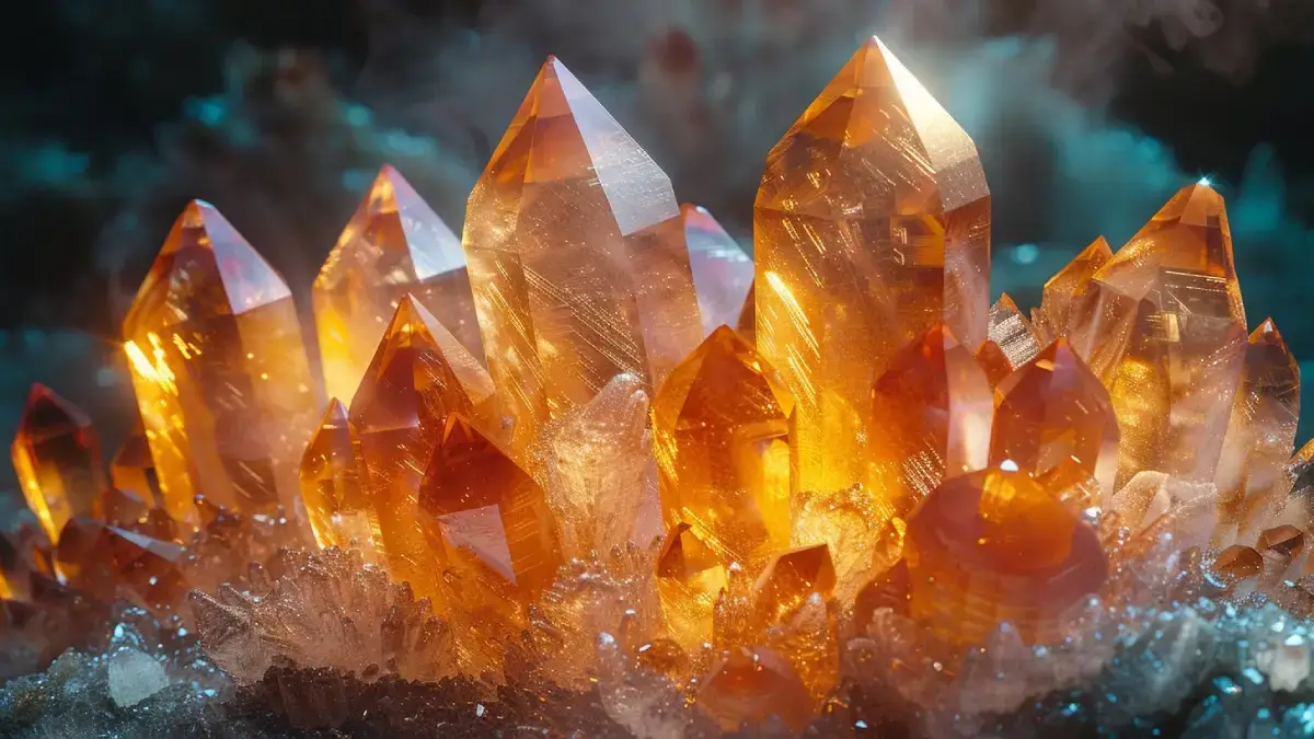 Cristaux orange lumineux avec des reflets éclatants dans un environnement minéral