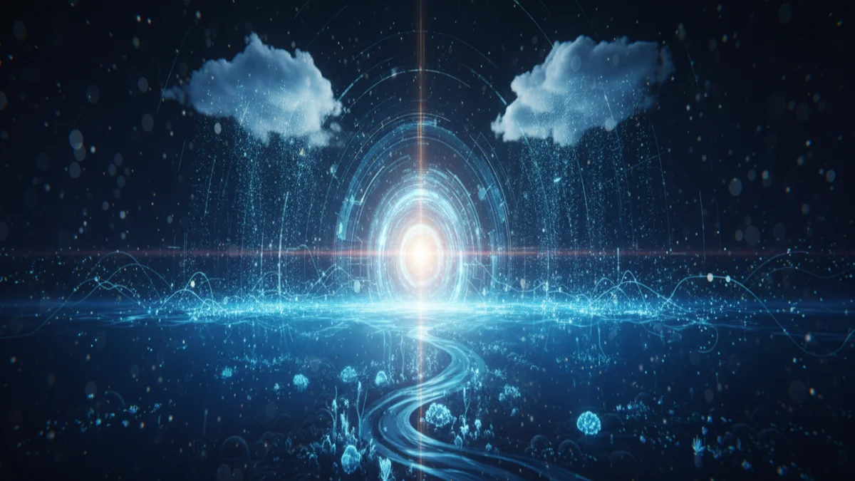 Paysage numérique du cycle de l’eau avec nuages, flux lumineux et source centrale rayonnante.
