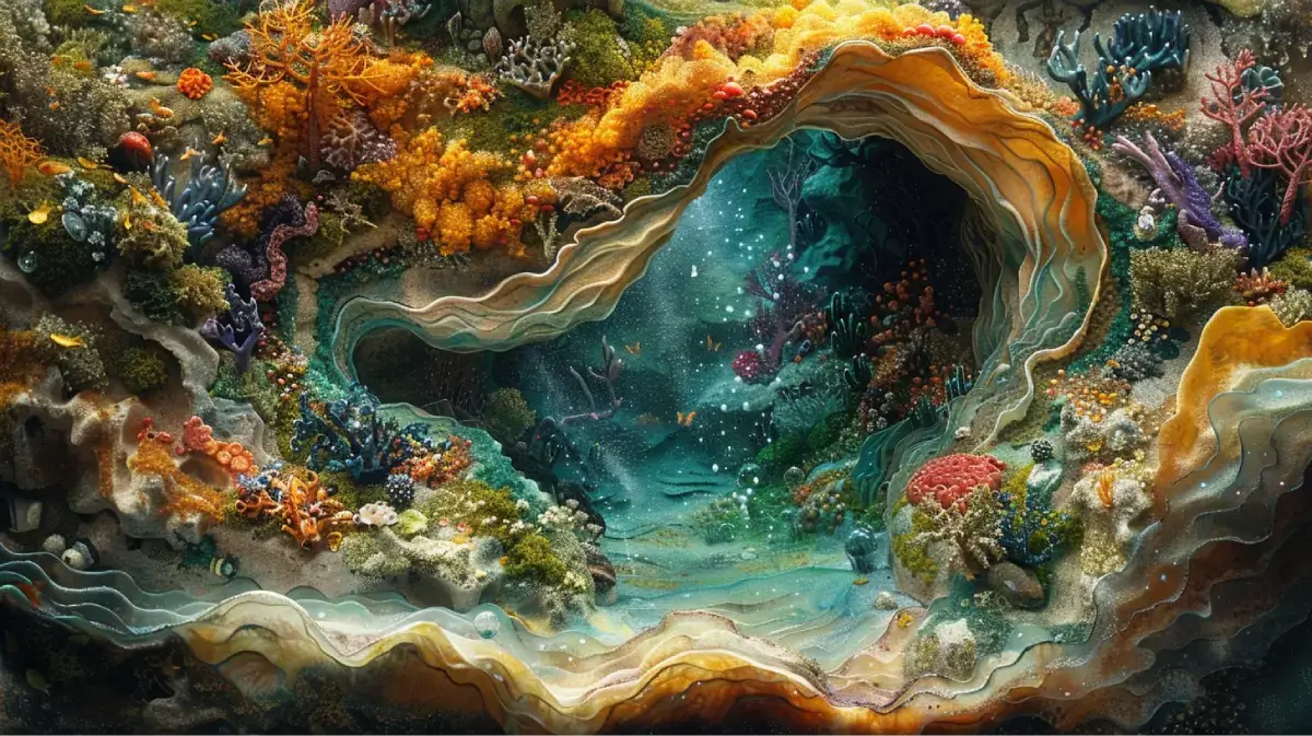 Illustration artistique d’un récif corallien dans une grotte sous-marine