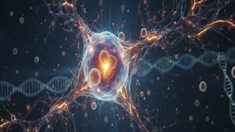 Cellule en division entourée de réseaux lumineux et d'un brin d'ADN en arrière-plan.