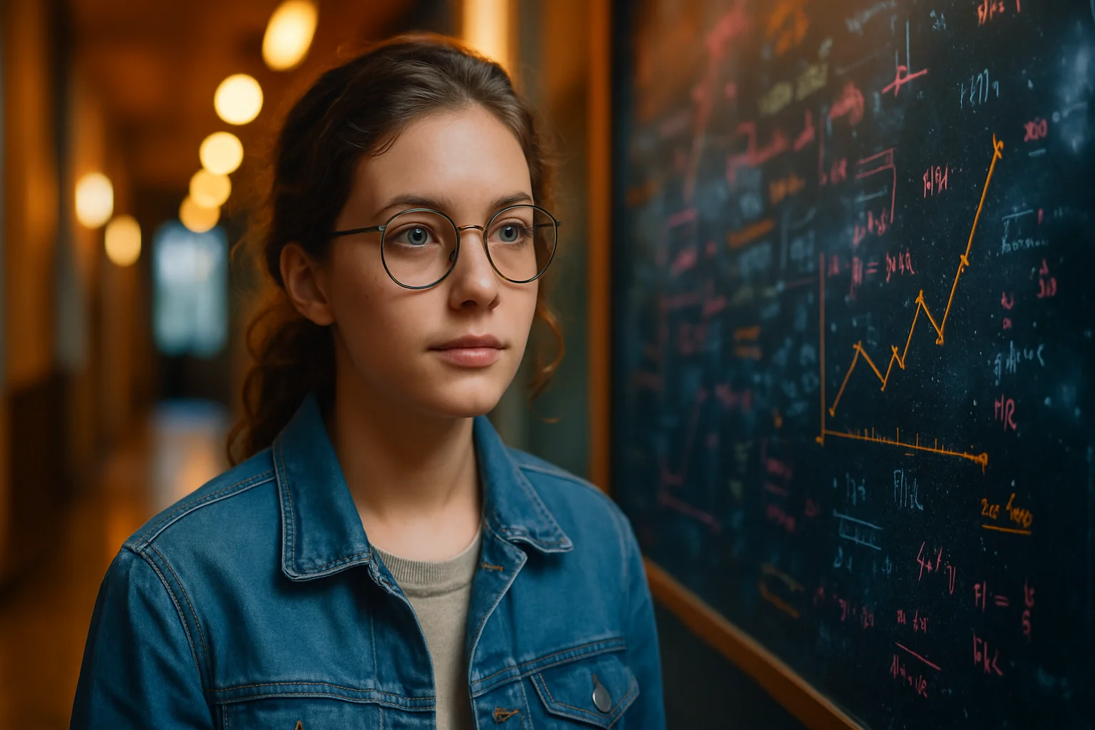 Étudiante devant un tableau couvert de formules et d’un graphique tracé à la craie.