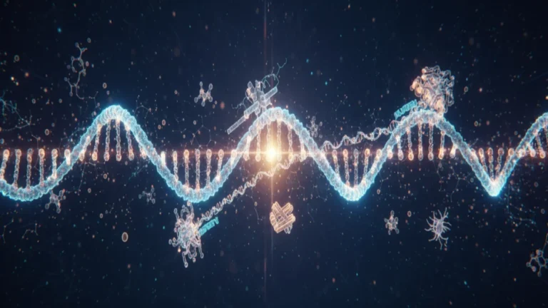 Brin d’ADN lumineux entouré de molécules et d’enzymes stylisées dans un décor microscopique sombre.