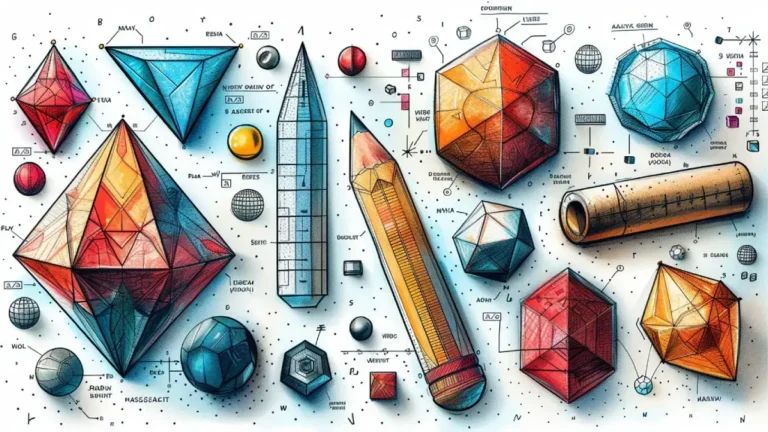 Illustration technique et artistique de géométrie des solides, montrant des crayons, des polyèdres et des schémas de conception.