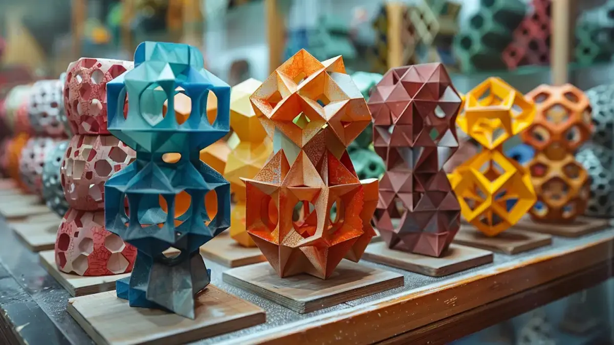 Modèles 3D complexes de solides géométriques multicolores.