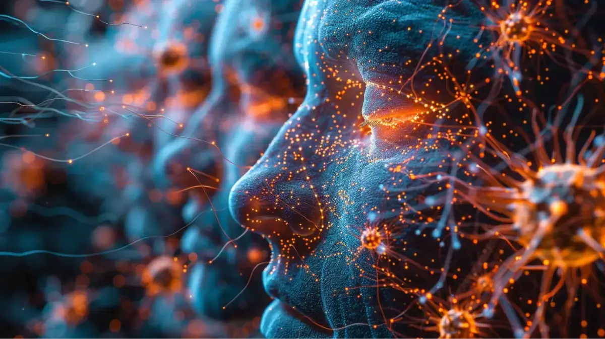 Représentation numérique d’un visage humain avec des connexions neuronales lumineuses, concept d’intelligence artificielle et de neurosciences