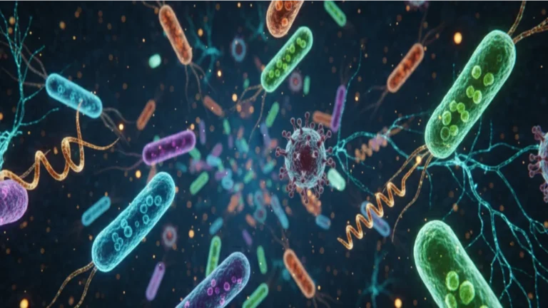ChatGPT a dit : Des micro-organismes colorés entourent une particule virale au centre dans un champ microscopique.