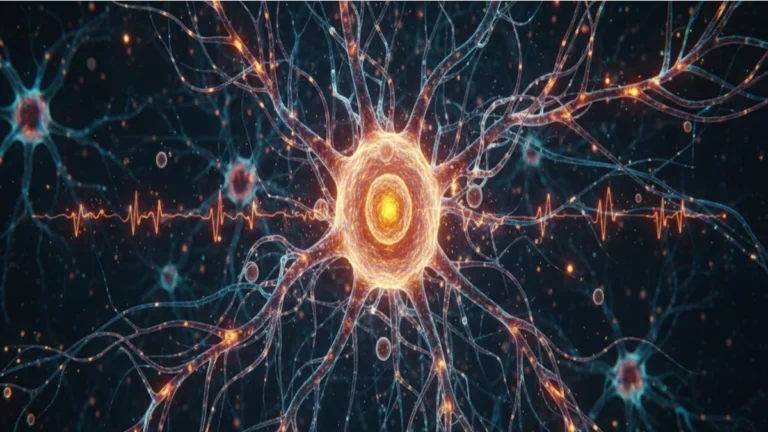 ChatGPT a dit : Neurone lumineux au centre avec réseau de connexions et signaux électriques sur fond sombre.