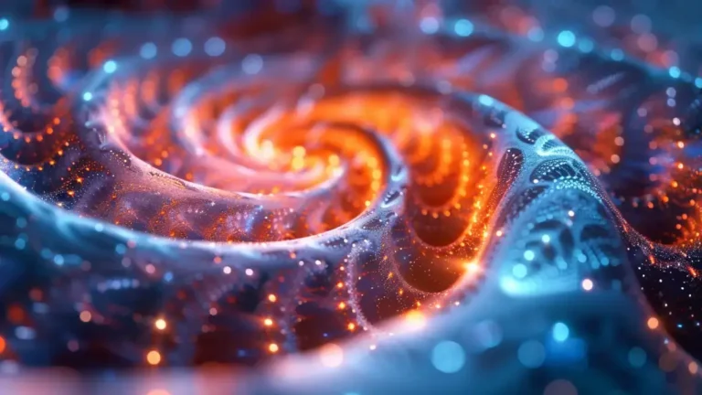 Illustration abstraite des 'nombres complexes', montrant un vortex fractal de particules lumineuses orange et bleues.