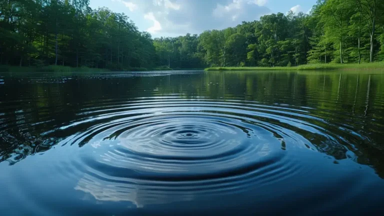 Photo montrant des ondulations circulaires se propageant à la surface d'un lac calme en forêt.