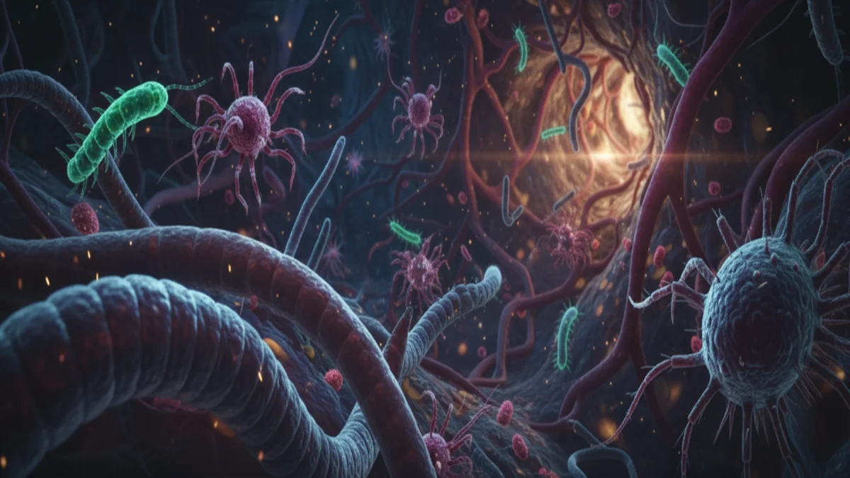 Organismes parasites et bactéries colorées dispersés dans un environnement organique sombre.