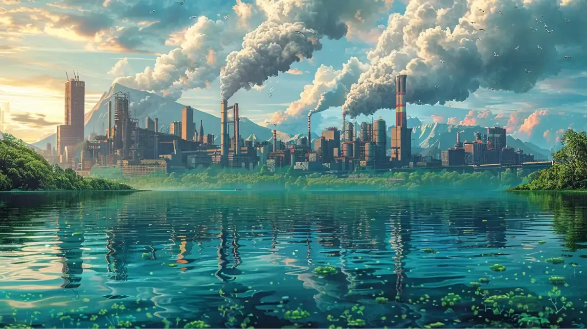 Pollution industrielle avec cheminées fumantes au bord d’un lac, impact environnemental sur la nature et le changement climatique