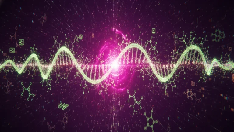 Brin polymère lumineux entouré de structures moléculaires sur fond violet éclatant.