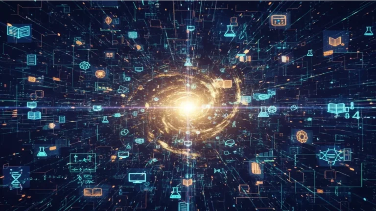 Symboles numériques et scientifiques convergents vers une lumière centrale dans un espace abstrait.