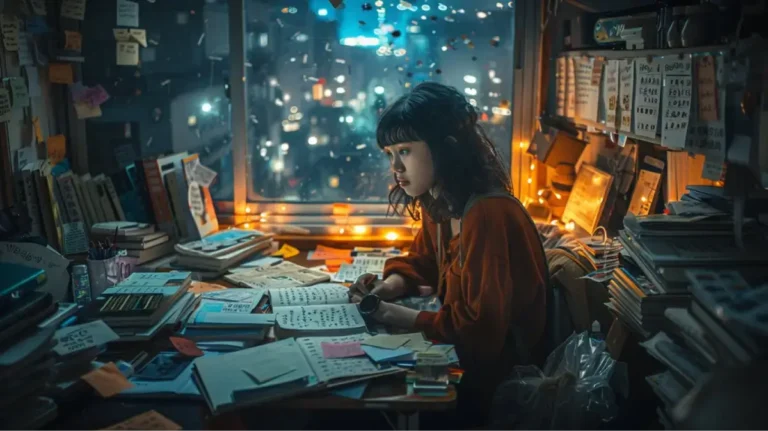Jeune étudiante révisant ses cours la nuit, entourée de livres et de lumières dans un cadre inspirant
