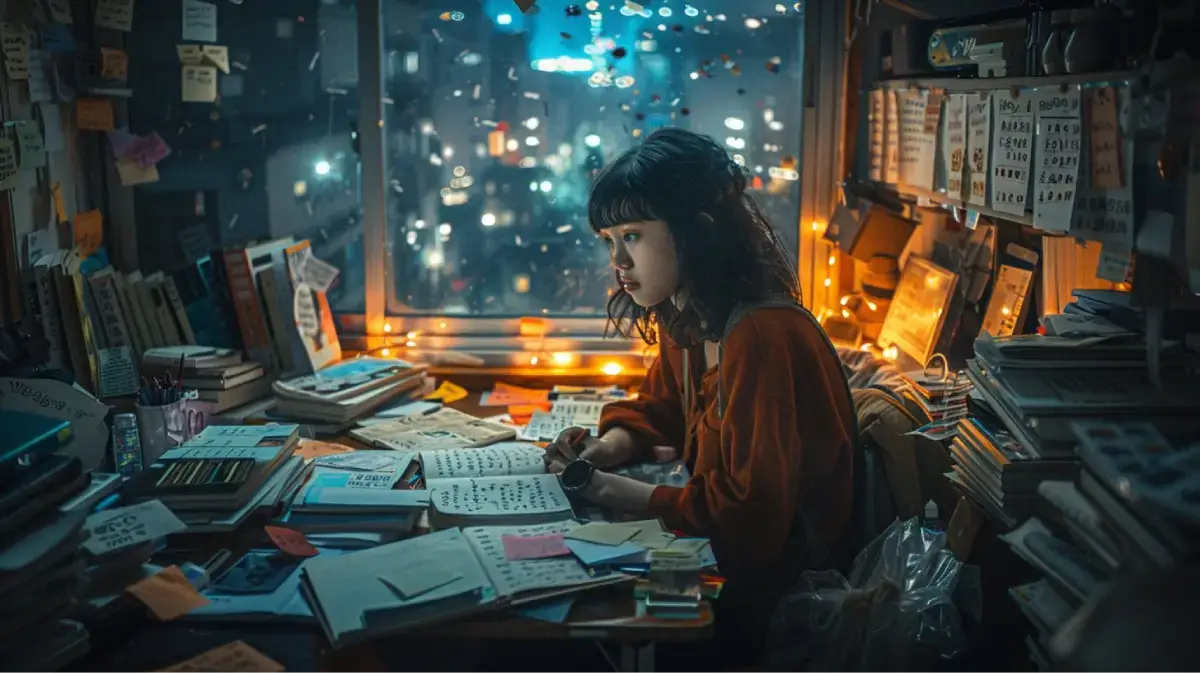 Jeune étudiante révisant ses cours la nuit, entourée de livres et de lumières dans un cadre inspirant
