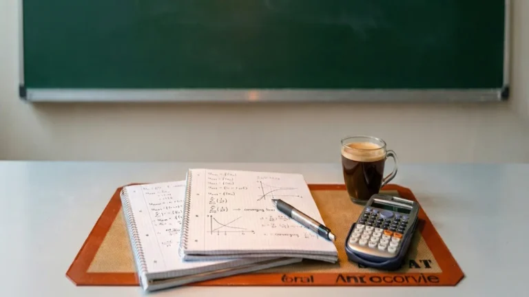 Cahiers de calculs ouverts avec graphiques, calculatrice et tasse de café posés devant un tableau.