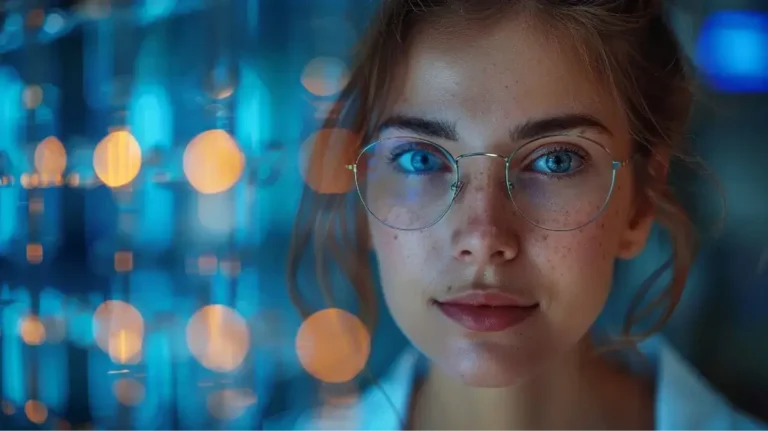 Portrait d'une jeune scientifique ou étudiante en sciences, portant des lunettes sur un fond de laboratoire bleu abstrait.