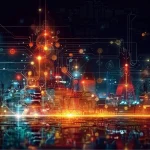 Illustration futuriste d'une ville illuminée avec des connexions de circuits électroniques représentant des concepts de thermodynamique