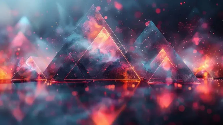 Illustration abstraite des 'transformations géométriques', montrant des triangles lumineux et des particules d'énergie colorées avec leurs reflets.